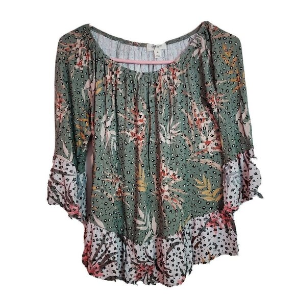 Style & Co. Tops - Style & Co Blouse Green Floral XS‎ Peasant Bell Sleeve Off Shoulder Spring New